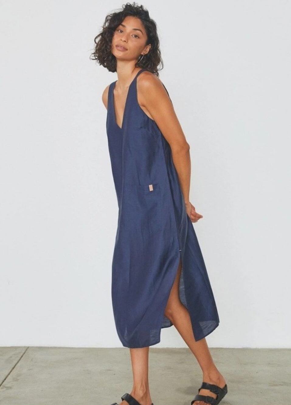Lunya Linen Silk Double V Midi Sleep Dress Navy Blue Large Temp Regulating